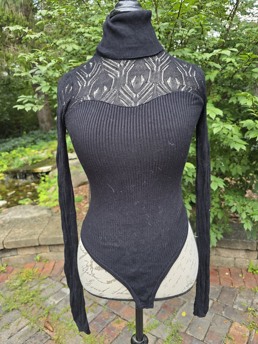 Free People Black Ribbed Lace-Yoke Turtleneck Bodysuit